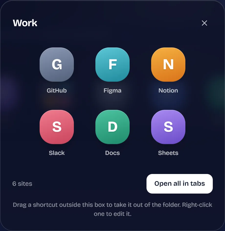 An open TaboraX folder named Work with six shortcuts and an Open all in tabs button