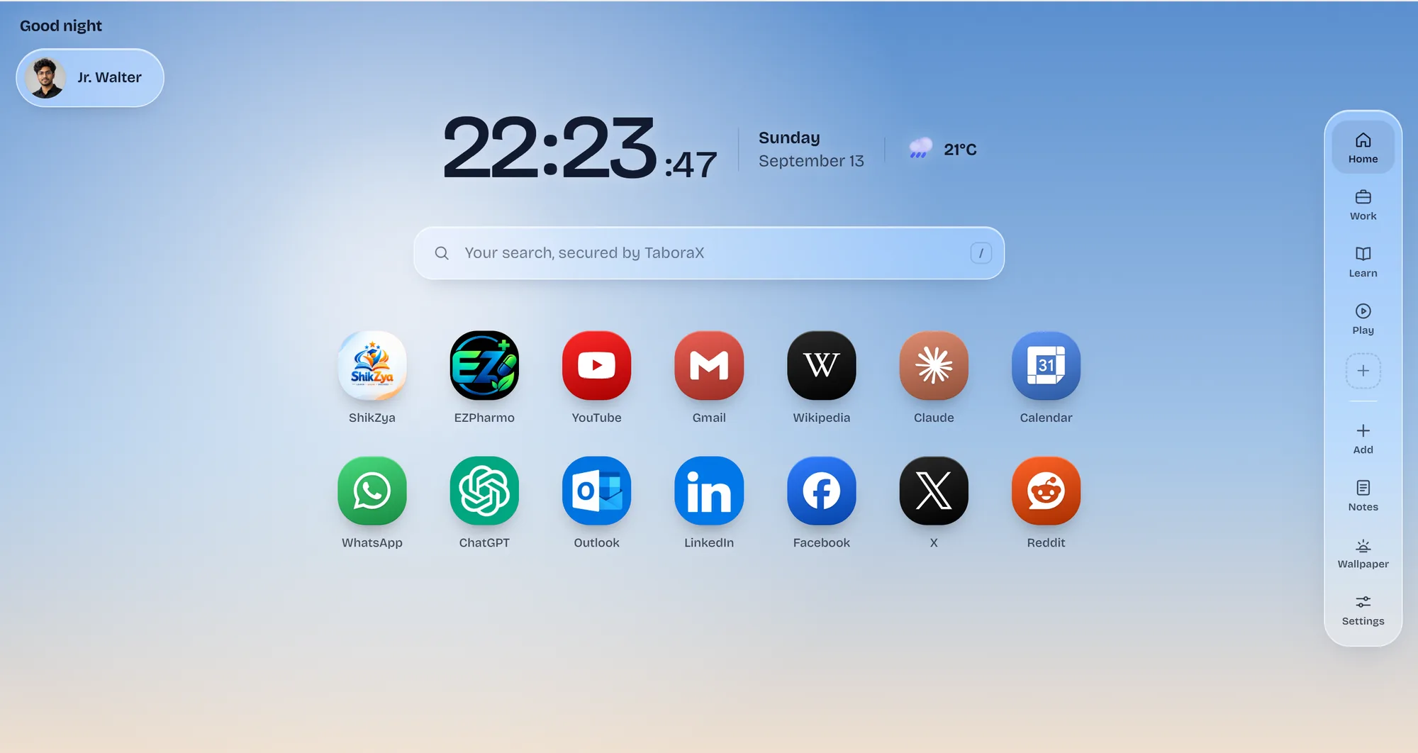 The TaboraX new tab page, with shortcut tiles, search bar, clock and weather over a live sky wallpaper