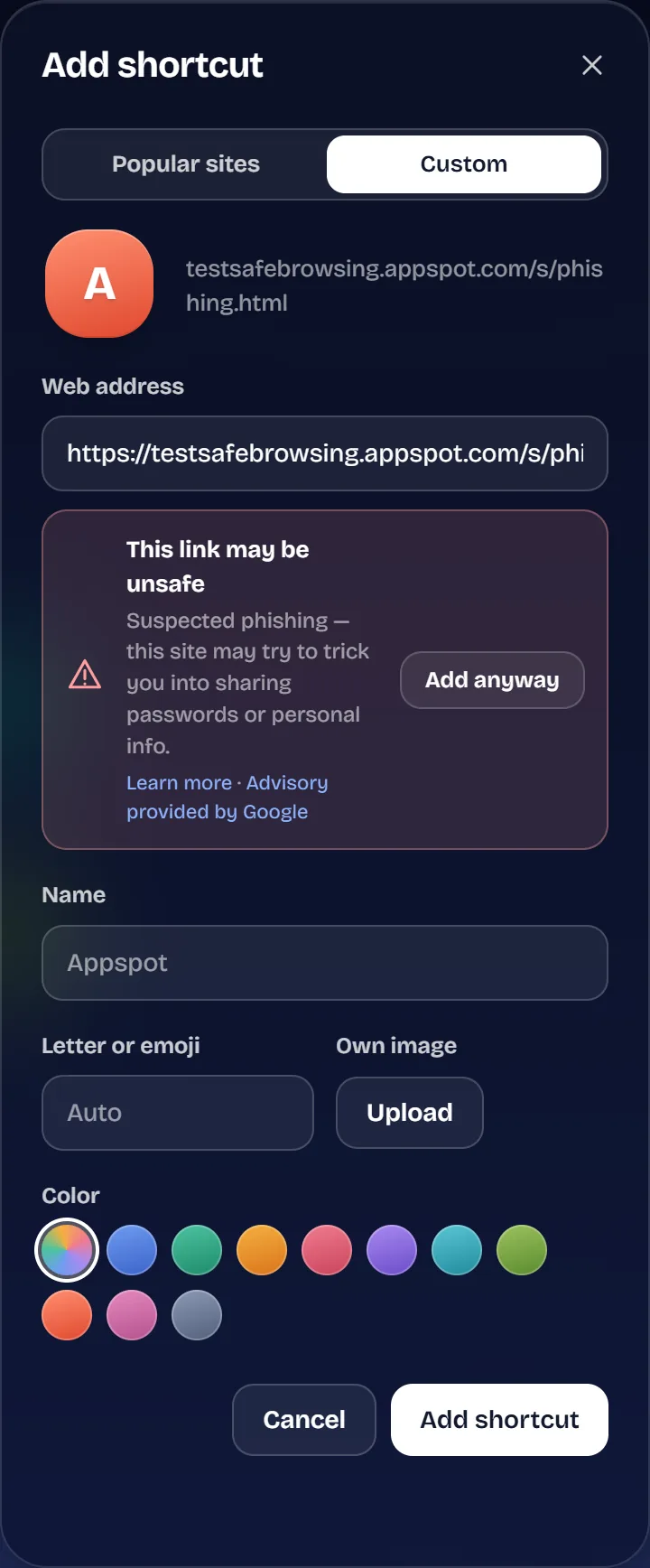 TaboraX warning that a pasted link may be unsafe, flagged as suspected phishing, with an Add anyway option