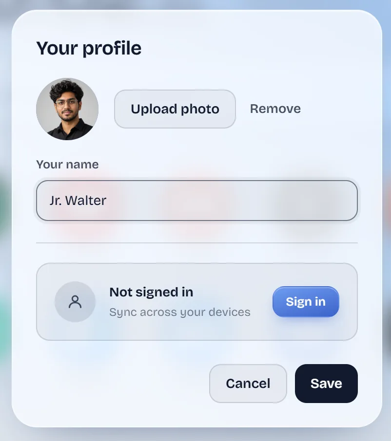 The TaboraX profile panel with photo, name and a Sign in button to sync across your devices