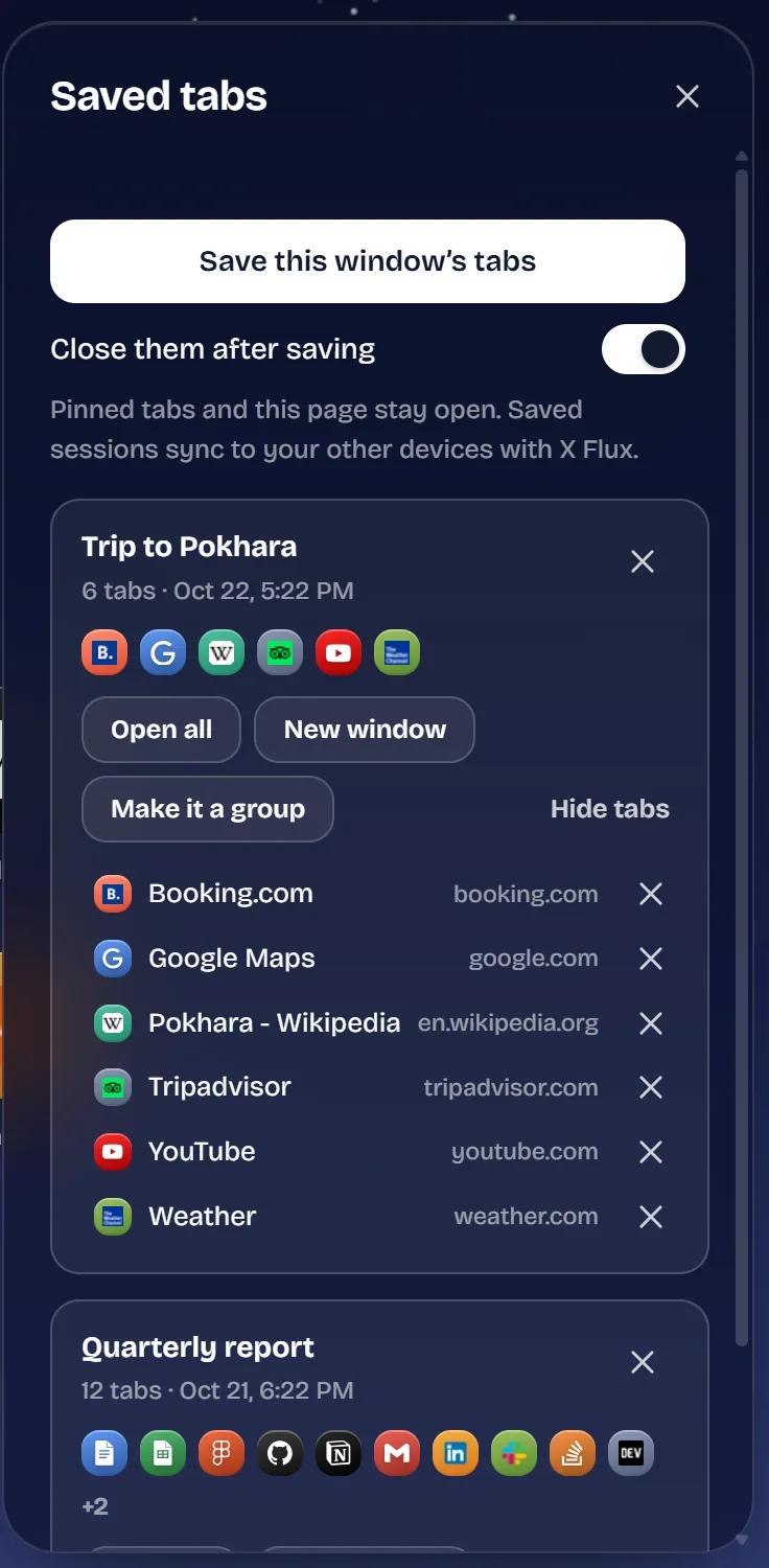 Two saved tab sessions in TaboraX, Trip to Pokhara and Quarterly report, with Open all, New window and Make it a group
