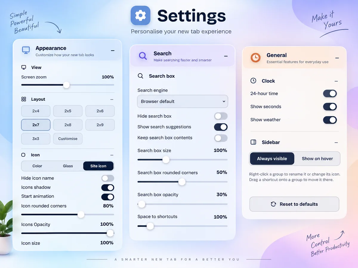 TaboraX Settings, with Appearance, Search and General panels