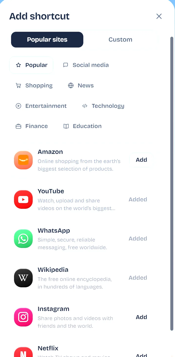 The Add shortcut panel in TaboraX, with curated popular sites by category